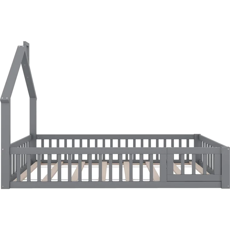 Kinderbett Hausbett 90x200 cm mit Schornsteinform, flaches Bett mit Lattenrost,Sicherheitsgitter für Sturzschutz, kreatives Design, Grau – Bild 10