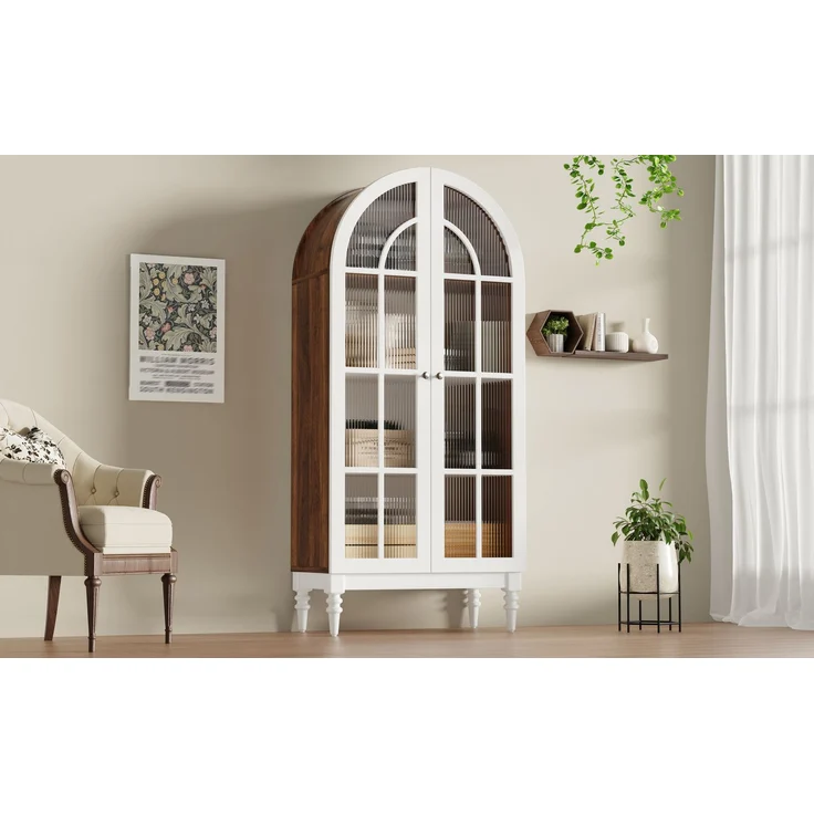 Bogen-Vitrinenschrank 165cm mit Riffelglas-Doppeltüren, 3 Einlegeebenen, 2 Farben (Nussbaum+Weiß)--Weiß--76x38.5x165cm--YOUDENOVA – Bild 4