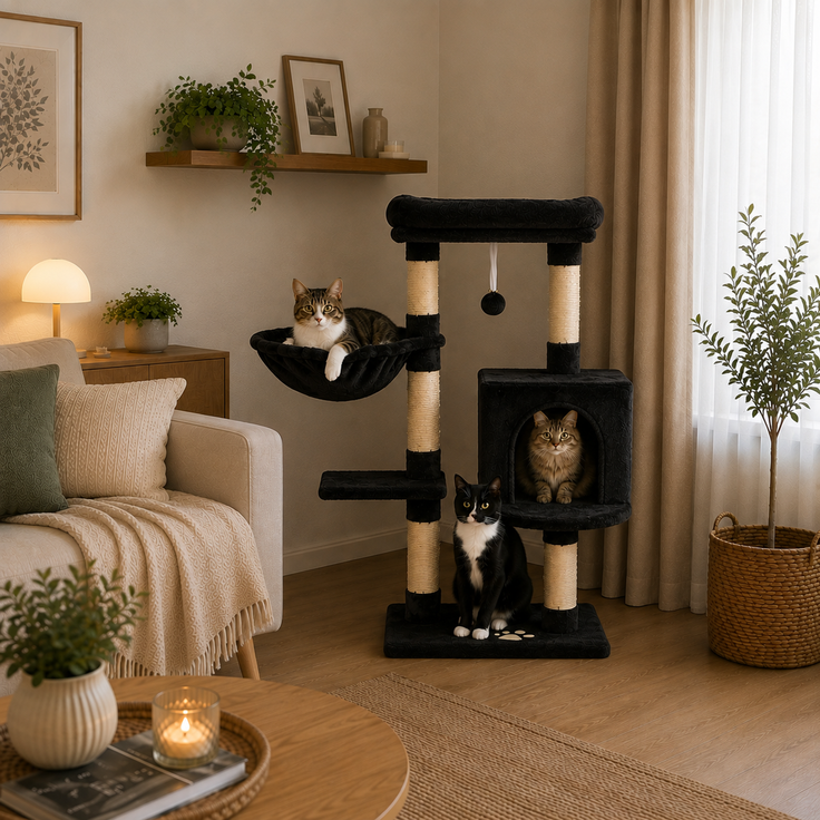 belviona Katzenkratzbaum 93 cm, mit Höhle, Liegemulde, Liegebett & Sisalstämmen, platzsparend, schwarz