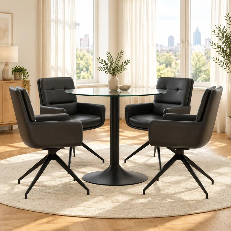 Essgruppe mit Glastisch Ø 85x76 cm und drehbaren PU-Stühlen, Schwarz/Transparent – Bild 2