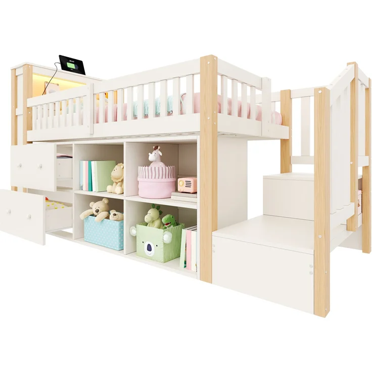 Hochbett, 90 x 200 cm, mit Schubladen, Staufächern, trapezförmigem Schrank, LED-Beleuchtung, Matratze nicht enthalten,Natur – Bild 8