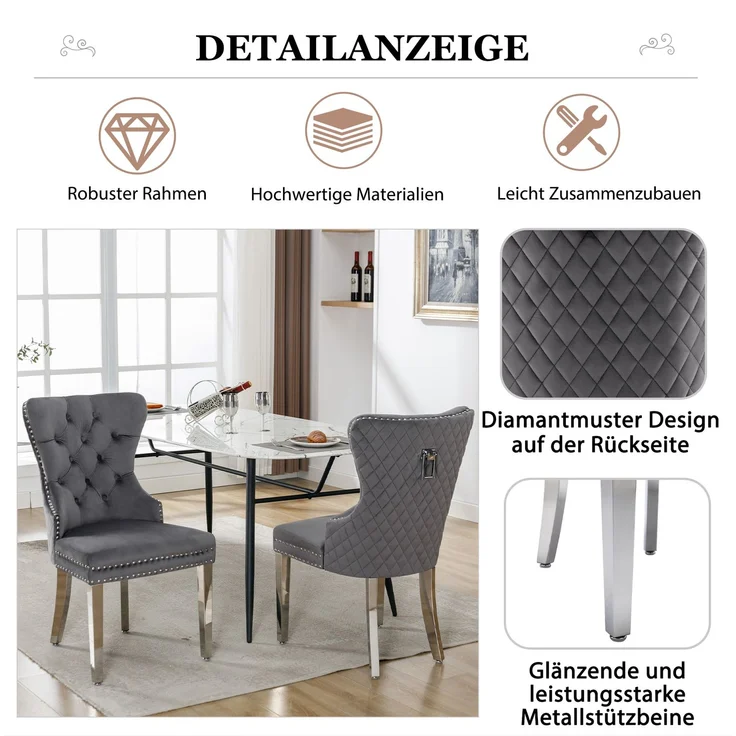 2er Set Esszimmerstuhl Samt gepolstert Massivholz & Metall, modernes Design mit Pin-Kopf Dekoration,Grau – Bild 6