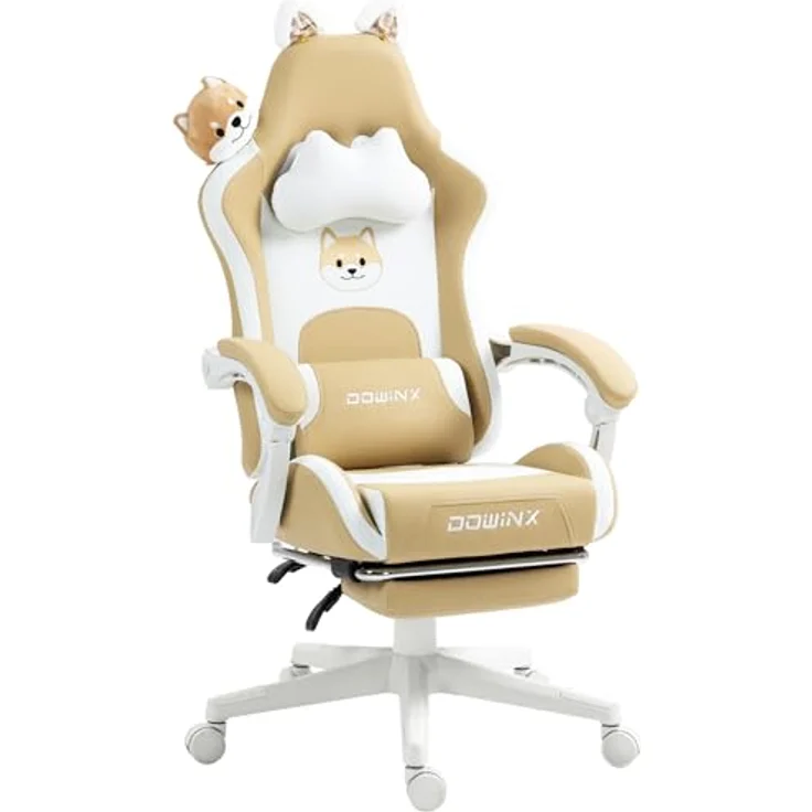 Dowinx Gaming Stuhl - Süße Hund Edition - Ergonomischer Computerstuhl mit Hoher Rückenlehne und Lendenwirbelstütze, PU-Leder, Fußstütze, Hund – Bild 2