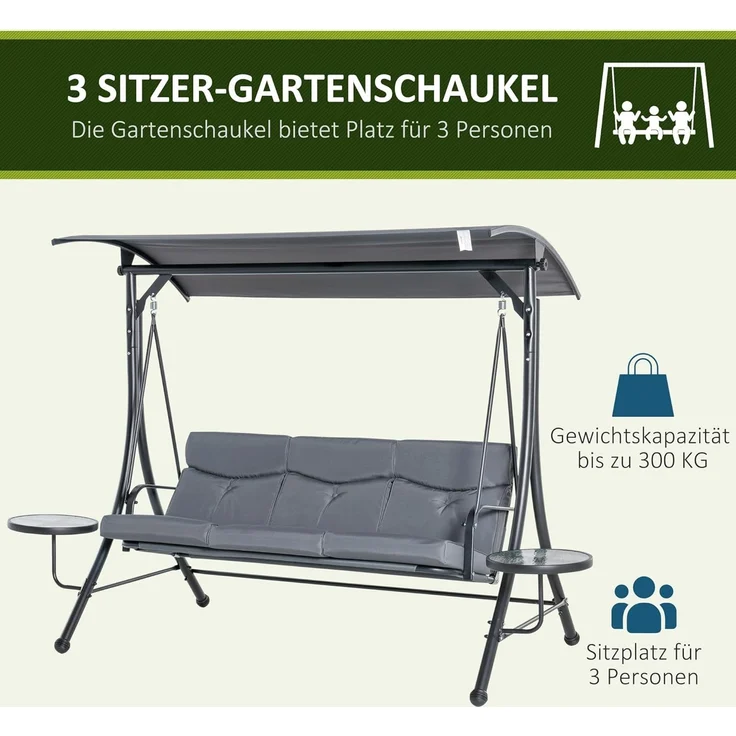 Outsunny Hollywoodschaukel mit verstellbarem Sonnendach, 3-Sitzer, Verstellbares Dach, Gartenschaukel, 1 tlg, Schaukelbank, für Garten, Balkon, Grau – Bild 7