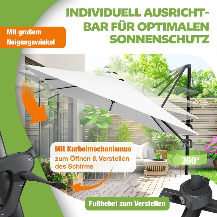 KESSER® Sonnenschirm Ampelschirm SUN XL 300 x 300 cm Inkl. Abdeckung +Windsicherung Drehbar Neigbar Kippbar Marktschirm Groß 360° Rotation, Gartenschirm mit Kurbel Sonnenschutz UV50+ Weiß, Ohne LED – Bild 5