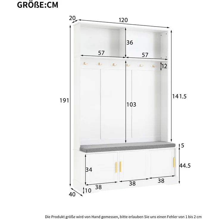 Garderobenständer mit Sitzbank und Schuhregal, 120x40x191 cm, Weiß – Bild 5