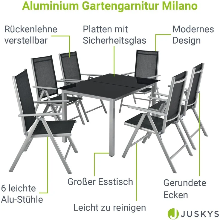 Juskys Aluminium Gartengarnitur Milano Gartenmöbel Set mit Tisch und 6 Stühlen Silber-Grau mit schwarzer Kunstfaser Alu Sitzgruppe Balkonmöbel – Bild 2