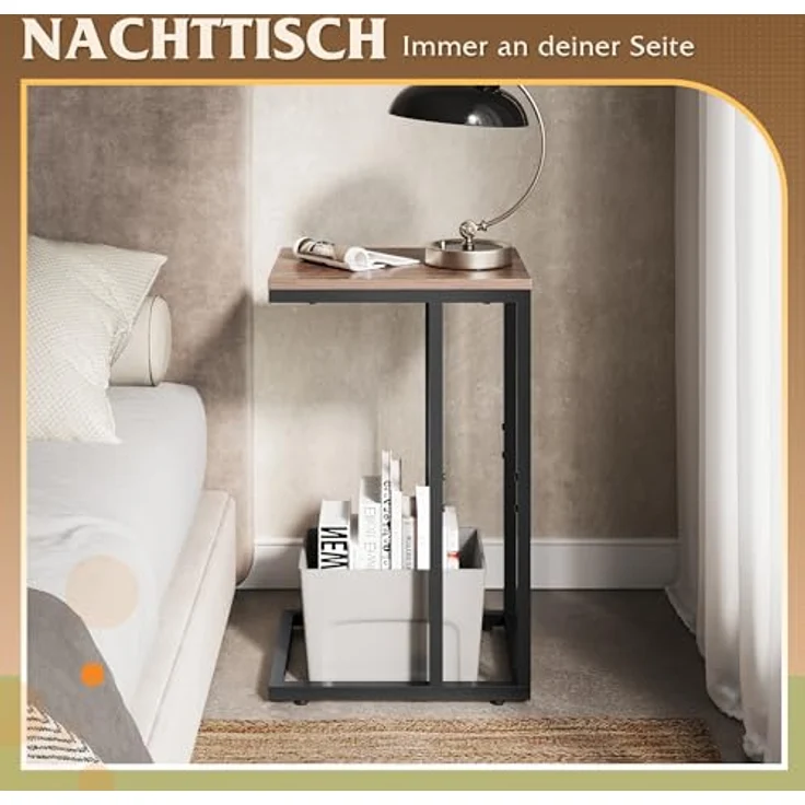 WLIVE Beistelltisch C Form, Nachttisch für Schlafzimmer, Wohnzimmer, Beistelltische mit Metallrahmen, Wohnzimmer Tisch für Couch, Sofatisch Braun – Bild 6