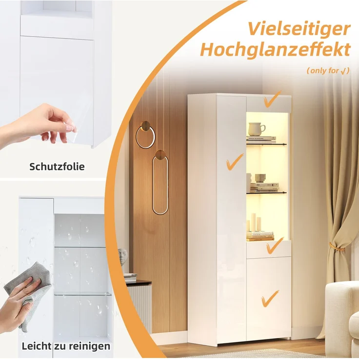 DESVIAE Vitrine mit LED-Beleuchtung und Schublade 70x180x35 cm Spanplatte Weiß – Bild 5