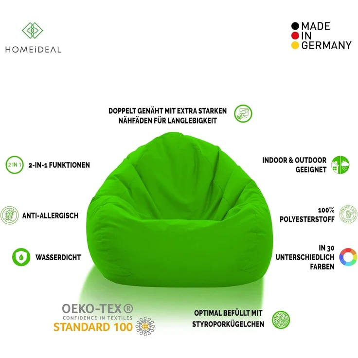 HomeIdeal - Sitzsack XXL Bodenkissen für Erwachsene & Kinder - Geeignet für Gaming oder Entspannen - Indoor wie Outdoor da er Wasserfest ist - mit EPS Perlen, Farbe:Neongrün, Größe:XXXL – Bild 2