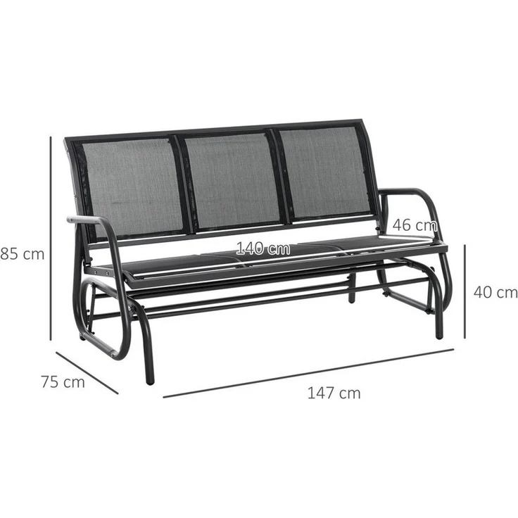 Outsunny Schaukelstuhl 3-Sitzer Gartenbank Gartenschaukel Sitzbank Parkbank Metall Gartenmöbel Schwarz 147 x 75 x 85 cm – Bild 2