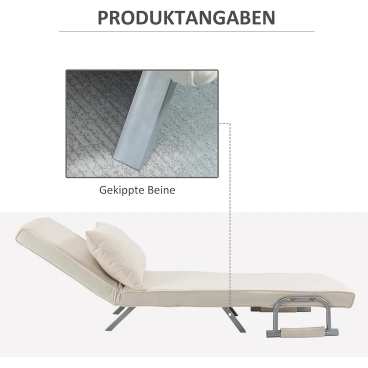 HOMCOM Sessel Schlafsofa mit Armlehne 3-in-1 Schlafsessel (Klappbett, 1-St, Klappmatratze), Kunstwildleder Creme, 65 x 69 x 80 cm – Bild 4