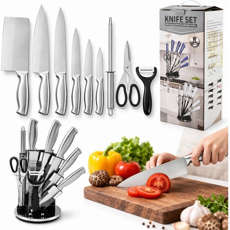ibettertec Messer-Set Küchenmesserset 9-teilig Edelstahl Kochmesser für Haushalt (Set, 9-tlg, Edelstahl, lebensmittelecht, rostbeständig, gebürstete Oberfläche), Ergonomischer Hohlgriff für hohen Komfort, Modernes Design – Bild 1