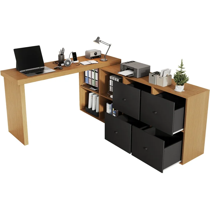 ZUBALIYA drehbarer L-förmiger Eckschreibtisch, 360° schwenkbare Tischplatte, L-förmig oder gerade aufstellbar, 4 Schubladen, 4 offene Fächer, H 78 × B 120 × T 48 cm, Schwarz / Eiche – Bild 6