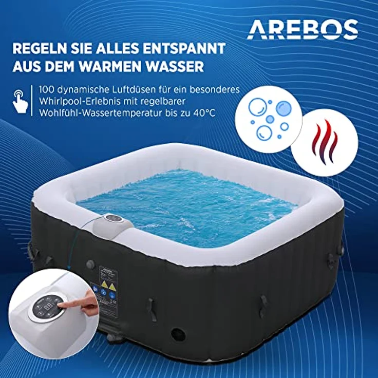 Arebos Aufblasbarer Spa Pool 4 Personen, 154x154cm, 100 Massagedüsen, regulierbare Wärme bis 40°C, 600 Liter, für drinnen und draußen – Bild 2