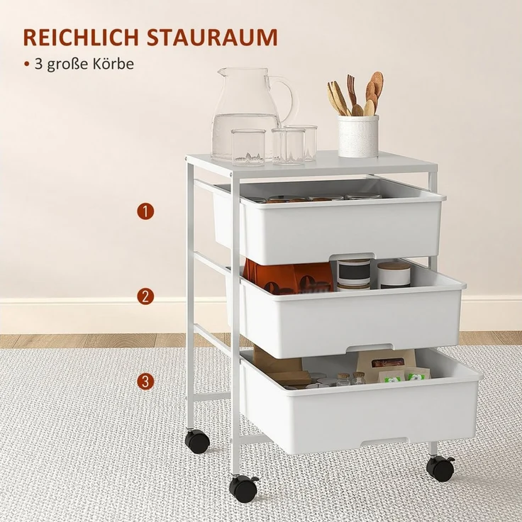HOMCOM Servierwagen mit 3 Etagen, Griffe, (Rollwagen, 1 St, Aufbewahrungswagen), für Küche, Wohnzimmer, 40,8 x 33,5 x 60,5 cm, Weiß – Bild 4