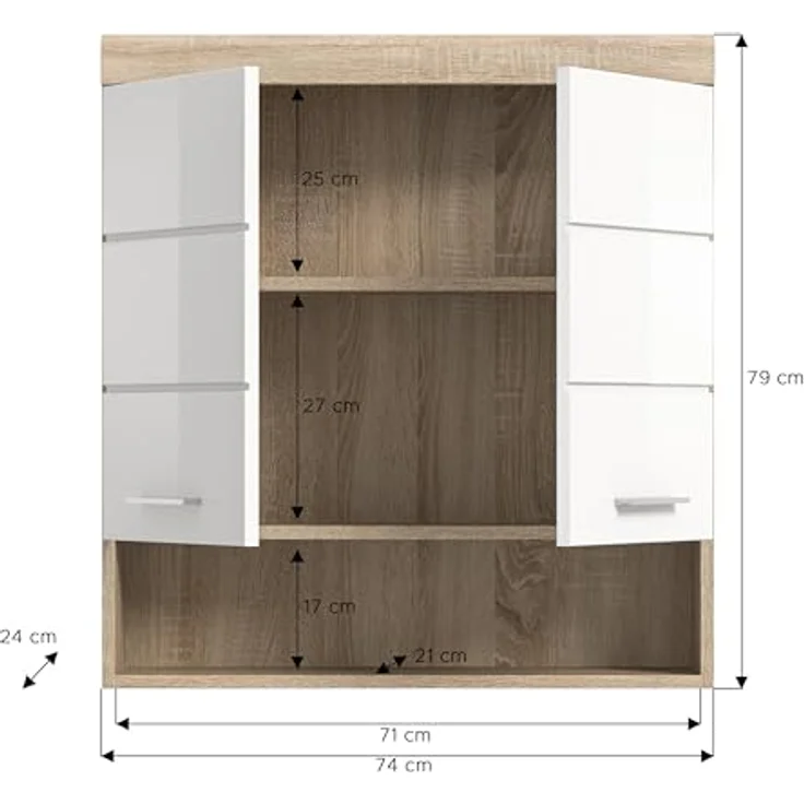 Xonox Lambada Hängeschrank (B/H/T: 74x79x24 cm) in weiß Hochglanz und Sonoma Eiche hell – Bild 3