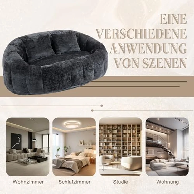Ball & Cast Sitzsack, Durable Komfort Chenille Lazy Bag, Beanbag Chair mit 2 Kissen für Schlafzimmer, Büro, Schwarz, 2 Sitze – Bild 5