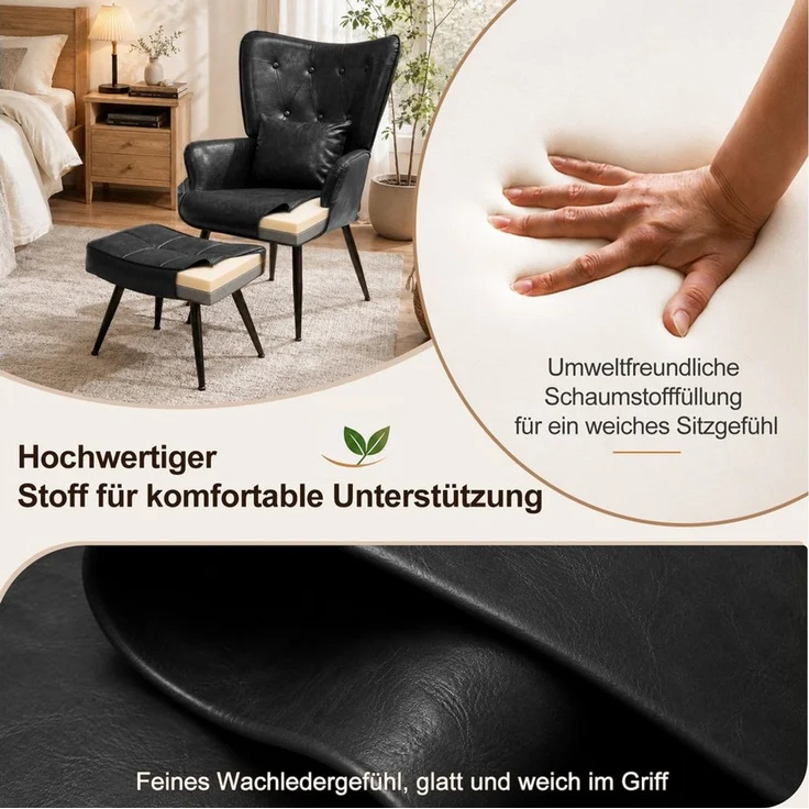 HomeMiYN Ohrensessel Relaxsessel mit Hocker für Leder & Stoff Lesesessel & Lehnstühle (Set, 1-St), Relaxsessel im Vintage-Look für gemütliche Herbst- und Winterabende – Bild 2