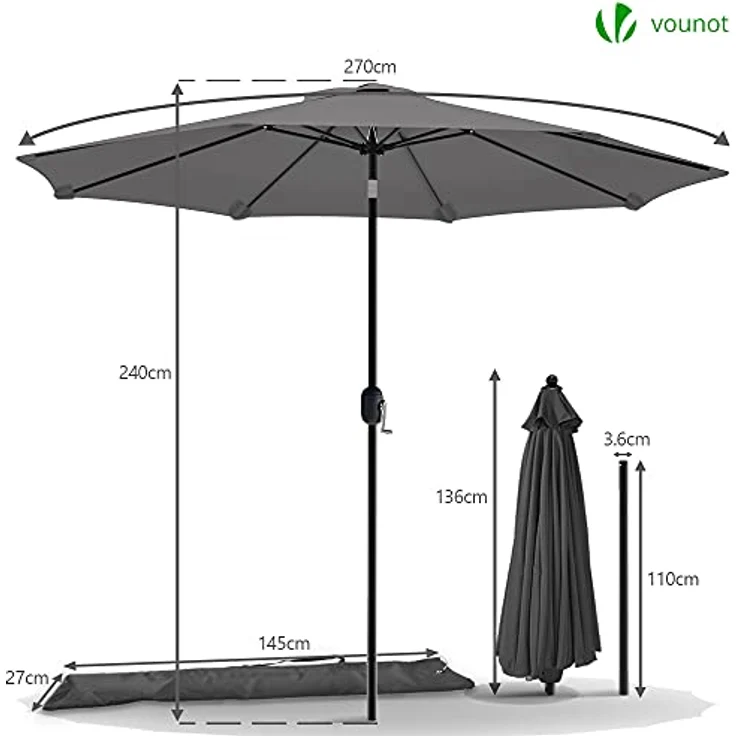 VOUNOT Sonnenschirm 270 cm mit Kurbelvorrichtung, Knickbar, Sonnenschutz UV-Schutz, Balkonschirm Gartenschirm Marktschirm mit Schutzhülle, Grau – Bild 7