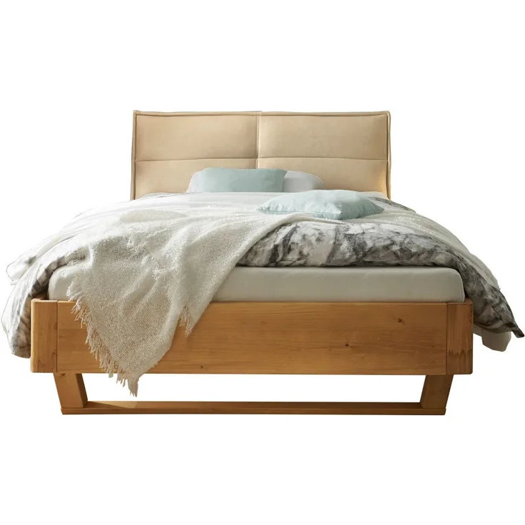 Stella Trading TJARK Modernes Massivholzbett 140x200, Fichte - Komfortables & hochwertiges Balkenbett mit gepolstertem Kopfteil - 146 x 89 x 219 cm (B/H/T)