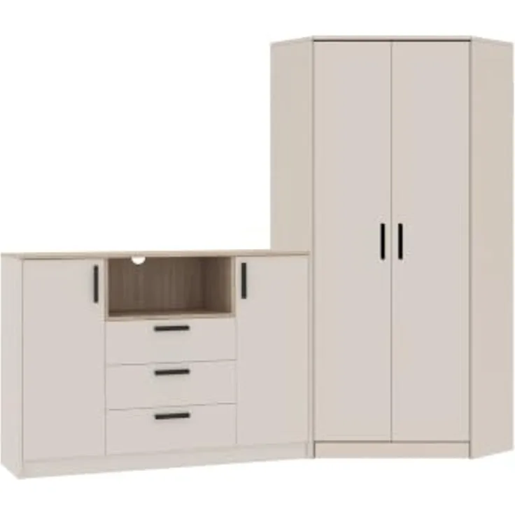 Marmex Möbel Grant Set-39C Eck-Kleiderschrank und Kommode, Schlafzimmer-Set, laminierte Spanplatte, graubeige cashmere+cremona torro 228/91x195x40 cm