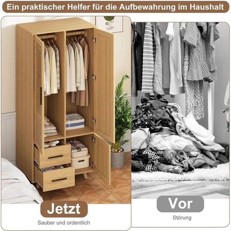 FUROKOY Kleiderschrank Drehtürenschrank mit 3 Schranktüren aus Rattan Garderobenschrank mit 2 Kleiderstangen,2 Schubladen – Bild 4