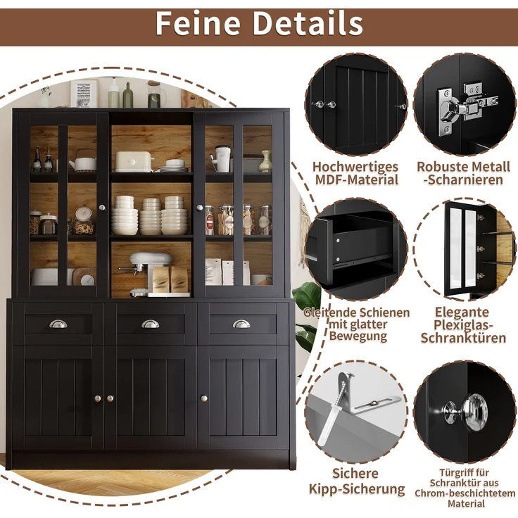 Hochschränke fürs Wohnzimmer(140×38.5×175cm), Vitrinenschrank,Küchenschrank,Esszimmerschrank mit Schubladen, Moderner Minimalistischer Hochschrank, Standvitrine für Küche Wohnzimmer Esszimmer, Schwarz--Schwarz--140x38.5x175cm--YOUDENOVA – Bild 8