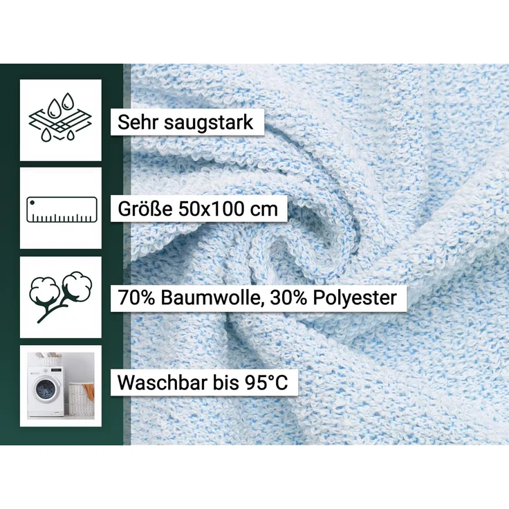 ZOLLNER 10er Set Handtücher, 70% Baumwolle, 30% Polyester, 50x100 cm, blau – Bild 3
