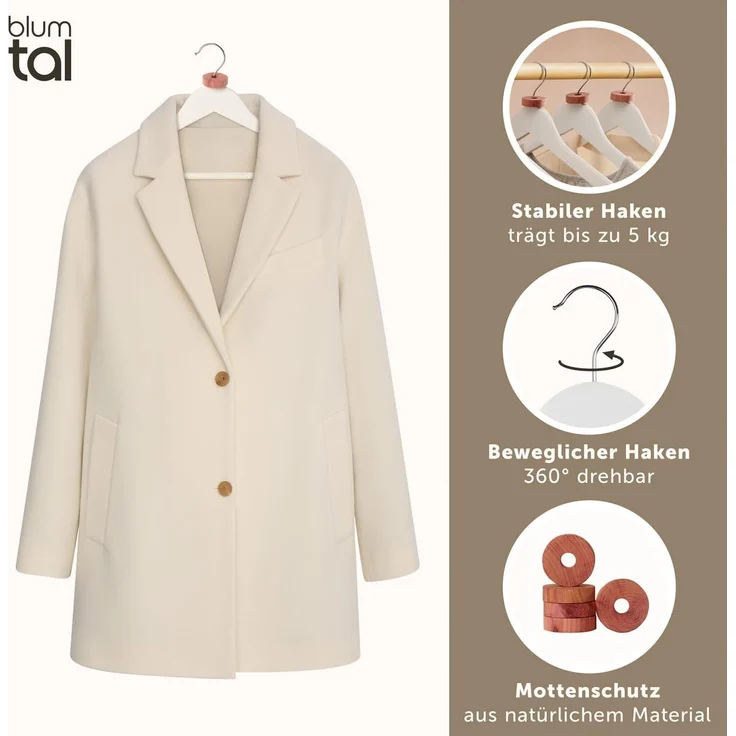 Blumtal Kleiderbügel Kleiderbügel Holz mit 360° drehbarem Metallhaken, (40-tlg), Zedernholz Mottenschutz mit Anti-Rutsch-Schicht & Einkerbungen – Bild 4