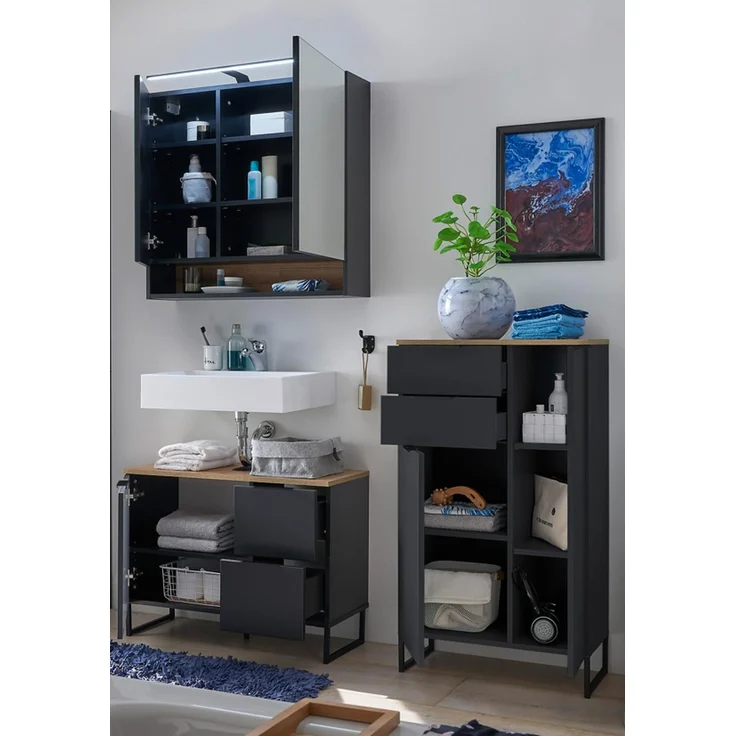 Badezimmer-Set >Denver< (3-tlg.) in schwarz matt / Evoke Eiche Dekor - 160x195x35 (BxHxT) – Bild 2