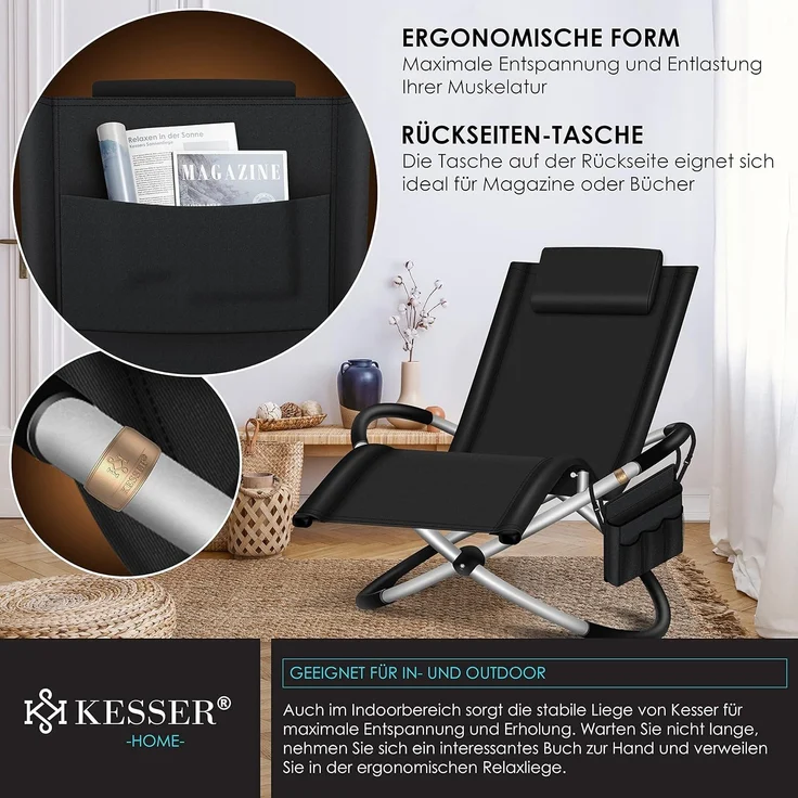 KESSER® Relaxliege Liegestuhl | Gartenliege | Gartenstuhl | Klappstuhl faltbar | Schwungliege | Schaukelsessel | ergonomische Relaxsessel | wetterfest | 180 kg Belastung | 174 x 78 x 89 cm Schwarz - mit Set – Bild 6