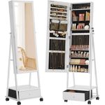 Songmics Schmuckschrank, Ganzkörperspiegel, Spiegelschrank, abschließbarer Schmuckorganizer mit Schublade, Rollen, 41,5 x 37 x 152,5 cm, Weiß
