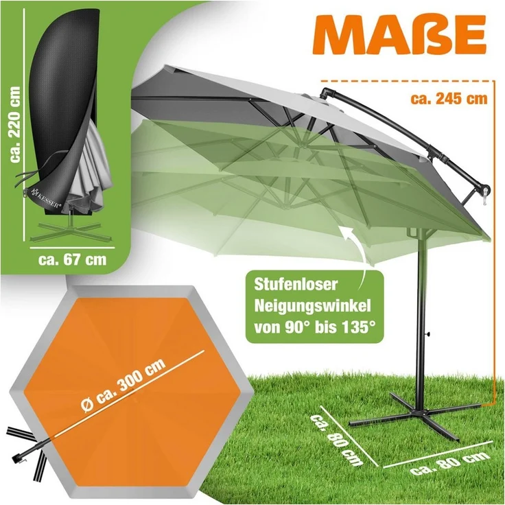 KESSER® Alu Ampelschirm Sonnenschirm + Abdeckung Ø300 cm / Ø350 cm mit Kurbelvorrichtung Kurbelschirm mit Ständer UV-Schutz Aluminium Wasserabweisende Bespannung - Schirm Gartenschirm Marktschirm 300cm, Hellgrau – Bild 3