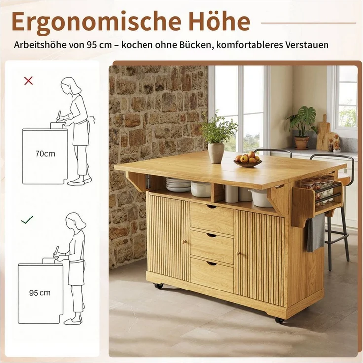 i@home Kücheninsel Küchenwagen freistehend mit Rollen und Arbeitsplatte, ausklappbarer, (mit Handtuchstange, feststellbaren Rollen und verstellbaren Böden), Servierwagen mit 3 Schubladen für Küche, 142,5 cm – Bild 2