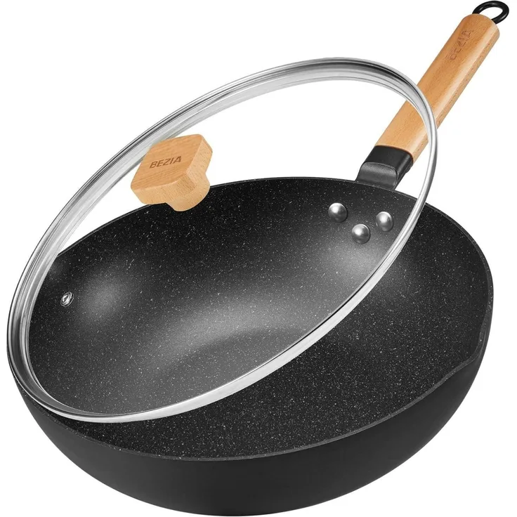 BEZIA 30cm Induktions-Wokpfanne mit Deckel Antihaft-Granit