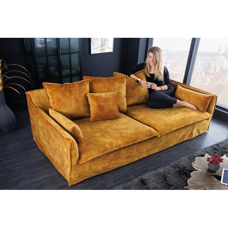 riess-ambiente 3-Sitzer HEAVEN 210cm senfgelb · Hussensofa inkl. Kissen und abnehmbaren Bezug, Einzelartikel 1 Teile, Wohnzimmer-Couch · Samt-Bezug · Federkern-Polsterung · Landhausstil – Bild 2