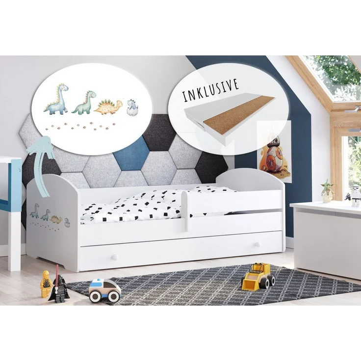 Kids Collective Kinderbett 70x140 / 80x160 cm Komplettset mit Matratze & Schublade (Bett für Jungen und Mädchen, Einzelbett für Kinder von 2 - 10 Jahren), komplettes Set mit Dinosaurier I Motiv für Jungen & Mädchen 80x160 cm – Bild 5