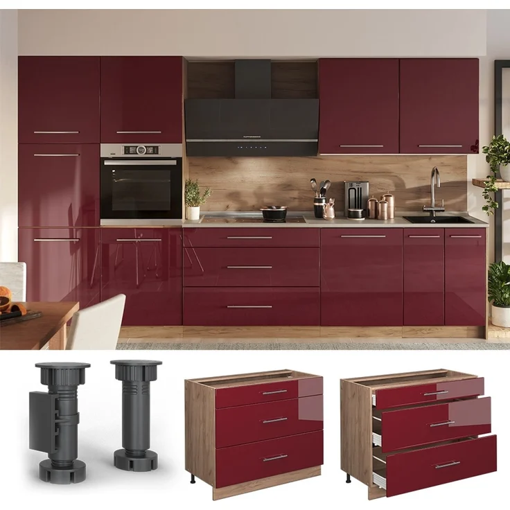 Küchenunterschrank Fame-Line Bordeaux Hochglanz/Goldkraft Eiche 100 cm, AP Eiche Vicco – Bild 5
