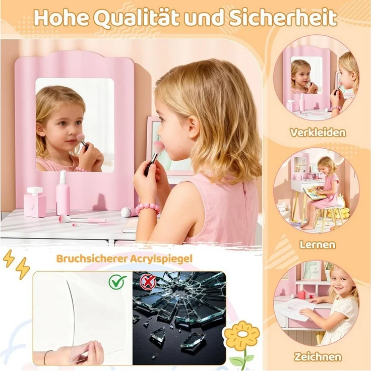 TLGREEN Schminktisch, 2-in-1 Kinderschminktisch mit Spiegel und Hocker (Spielkosmetiktisch aus Holzdesign, multifunktional als Schreibtisch & Maltisch), pink-weiße Kinderzimmer-Kommode mit Stauraum und Kippsicherung – Bild 4