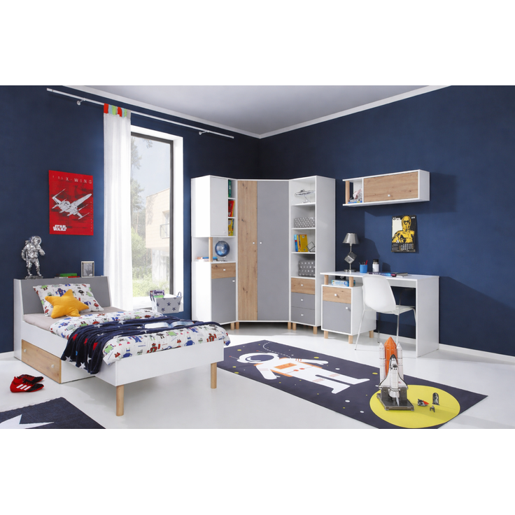 Jugendzimmer Farin in Weiß, Eiche Artisan & Grau – Modern mit Massivholz-Füßen, in verschiedenen Set-Varianten oder als Einzelmöbel für Kinder & Jugendliche - 7 teilig , Eckkleiderschrank · Standregal mit Türen · Standregal mit Schubkästen · Schreibtis...