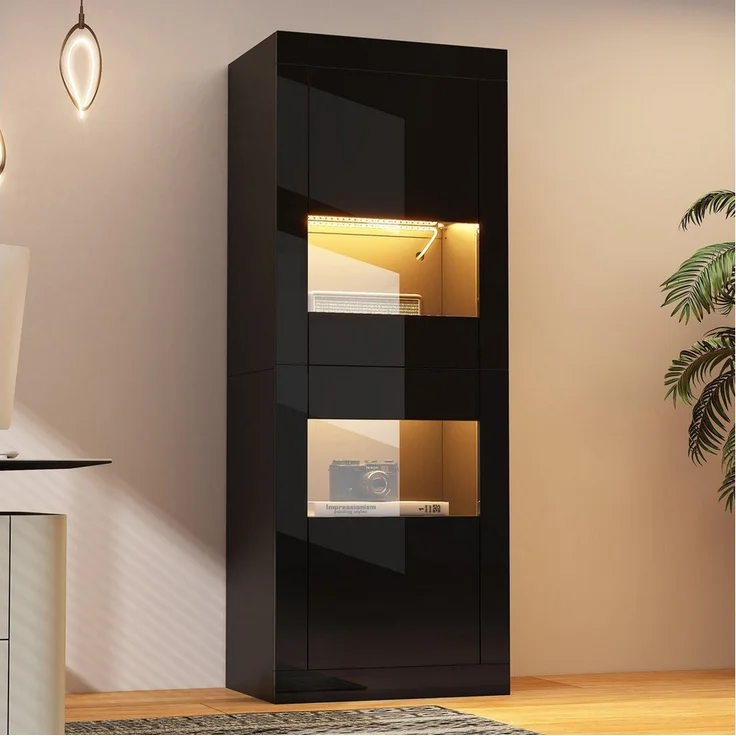 Merax Standvitrine hochglanz Vitrine mit LED-Beleuchtung inkl. Fernbedienung (1-St) Hochschrank mit erstellbaren Glasböden & Kippsicherung, 61x42x162 cm – Bild 5