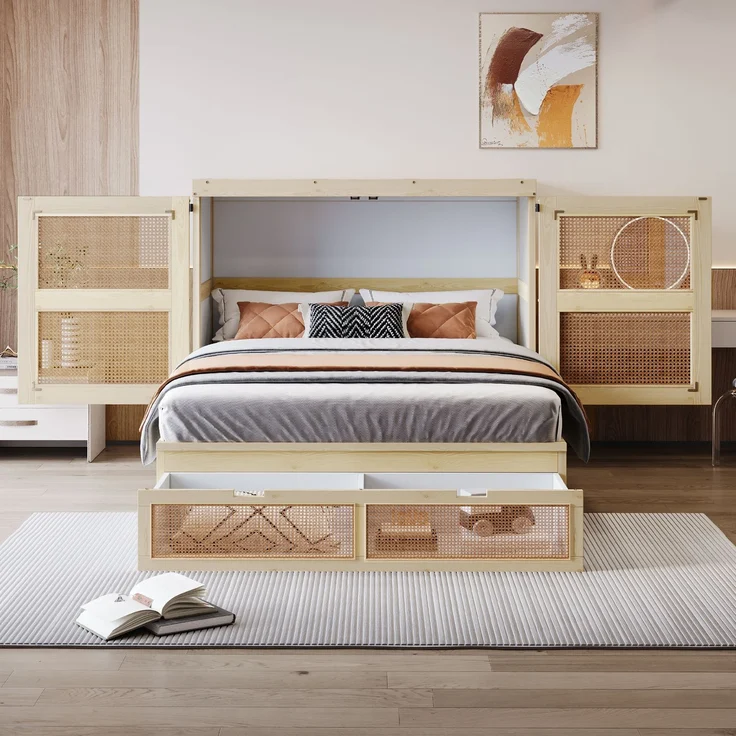 Bett 140x200 cm Schrankklappbett aus Holz in Natur, mit Lattenrost, Schubladen und Rattan-Design, ohne Matratze – Bild 3