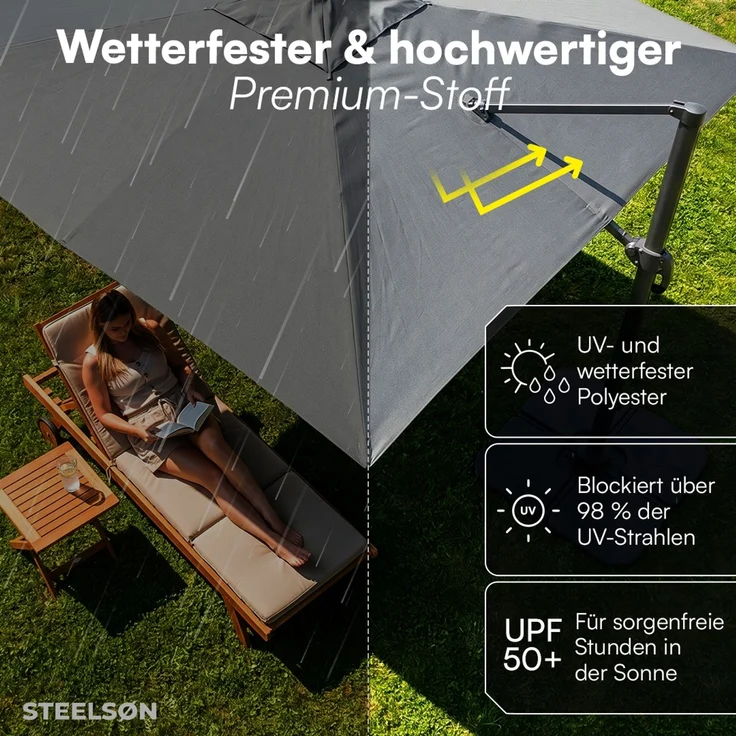STEELSØN 'Lyrion' Sonnenschirm LED Solar 300x300 cm quadratisch, neigbar und 360-Grad drehbar, anthrazit, Ampelschirm inkl. Abdeckung, UV50+ – Bild 6