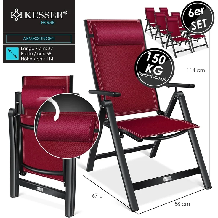 KESSER® Gartenstuhl Hochlehner mit Armlehnen | Aluminium Klappstuhl inkl. Kopfkissen Campingstuhl 7-Fach Verstellbar Rückenlehne | Atmungsaktiv & Wetterfest | Klappbar & Anti-Rutsch 6 Stück, Bordeaux Rot – Bild 2