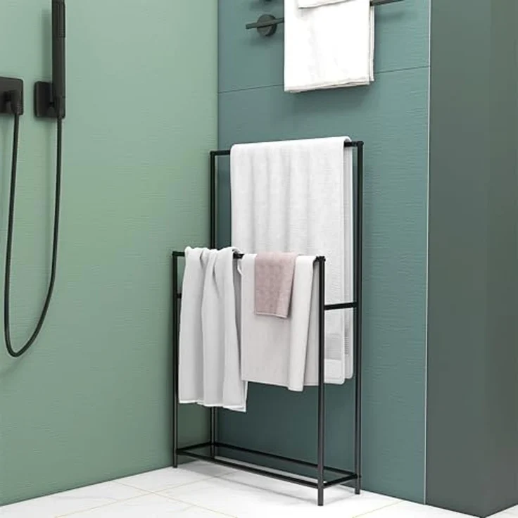 HOMCOM Handtuchhalter Wandmontage, aus Metall, 2-stöckiges Turmregal, für Badezimmer, Schwarz – Bild 5