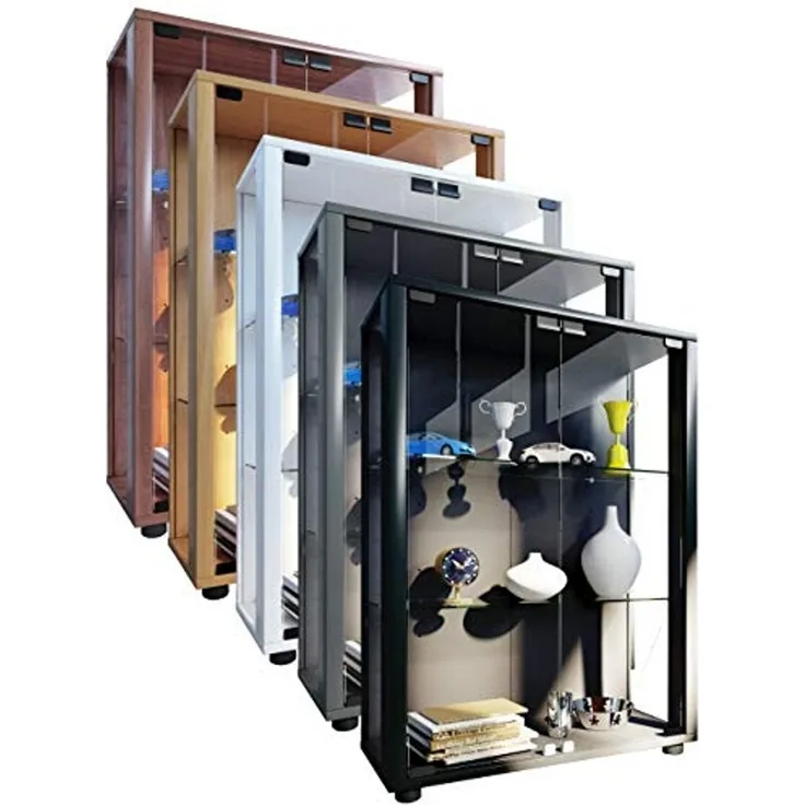 VCM Sammelvitrine Standvitrine Glasvitrine Glasregal Vitrine Glas Schaukasten mit LED-Beleuchtung Kernnussbaum "Sintalo"