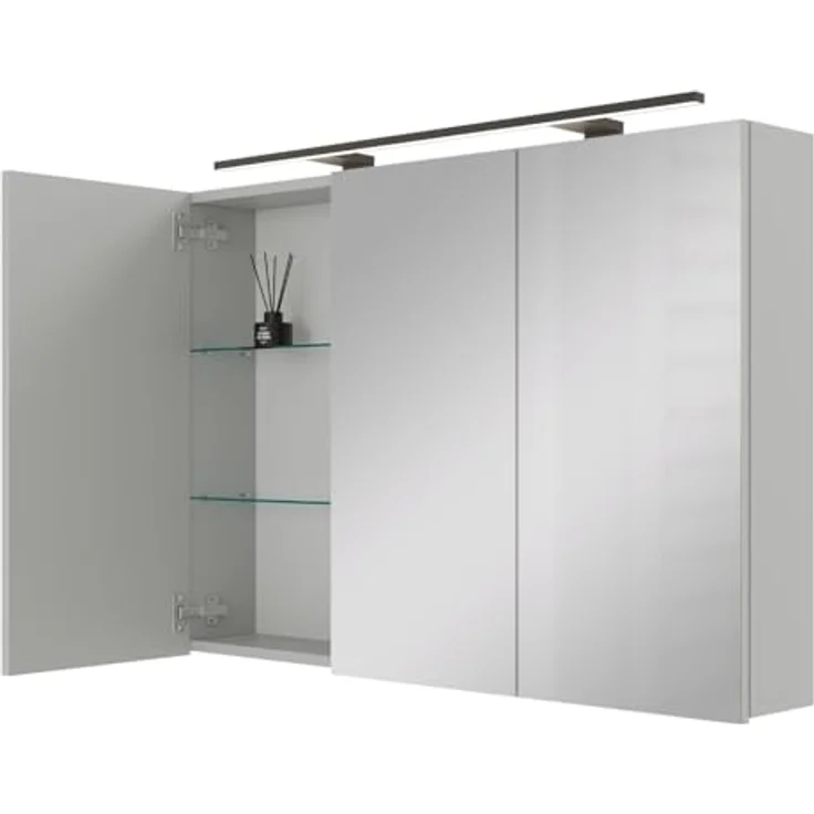 Planetmöbel ARIA Spiegelschrank Bad mit Beleuchtung 100 cm breit | Badschrank hängend mit Spiegel | Weiß Grau, mit Leuchte und Steckdose, Spiegelschrank Gäste WC 100 x 70 x 16 cm – Bild 2