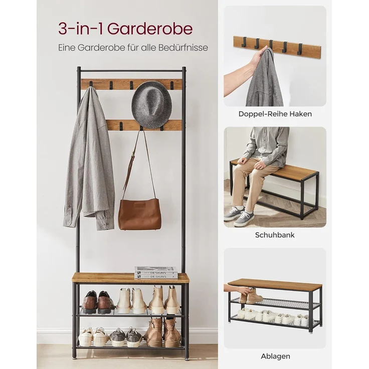Vasagle Garderobenständer, Kleiderständer mit Schuhablagen, Schuhregal mit Sitzfläche, für Flur, mit Haken, 3 Ablagen, aus Metall, Höhe 175 cm, Industrie-Design, walnussbraun-schwarz HSR041B41 – Bild 2