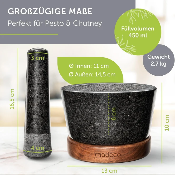 madeco Mörser mit Stößel Granit auf Holzsockel Nussbaum Ø 14,5 cm - Perfekt geeignet für Gewürze, Kräuter & Nüsse - Steinmörser Set - Design Granit Mörser & Stößel groß – Bild 4
